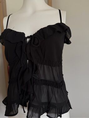 NWT American Eagle Black Ruffle Tie Front Peplum Top | Size Large